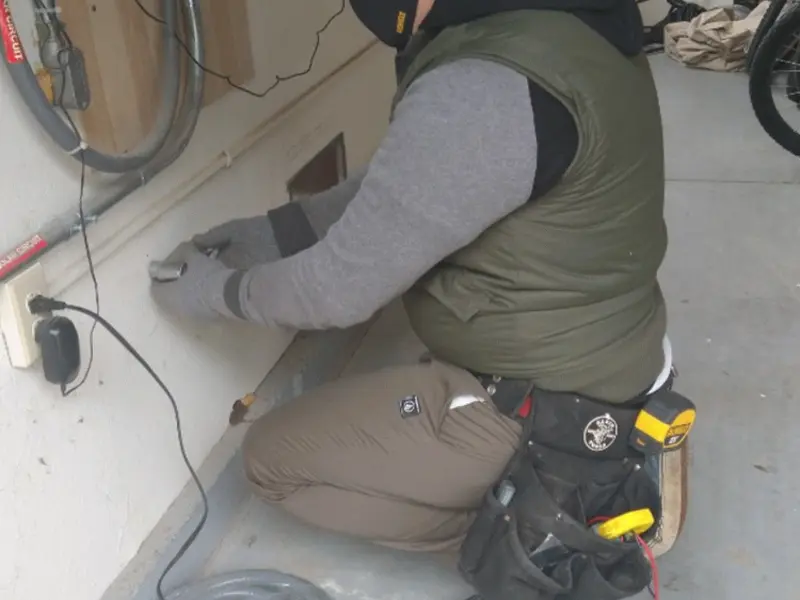 Electrician performing outlet wiring in a Cherry Hills Village garage